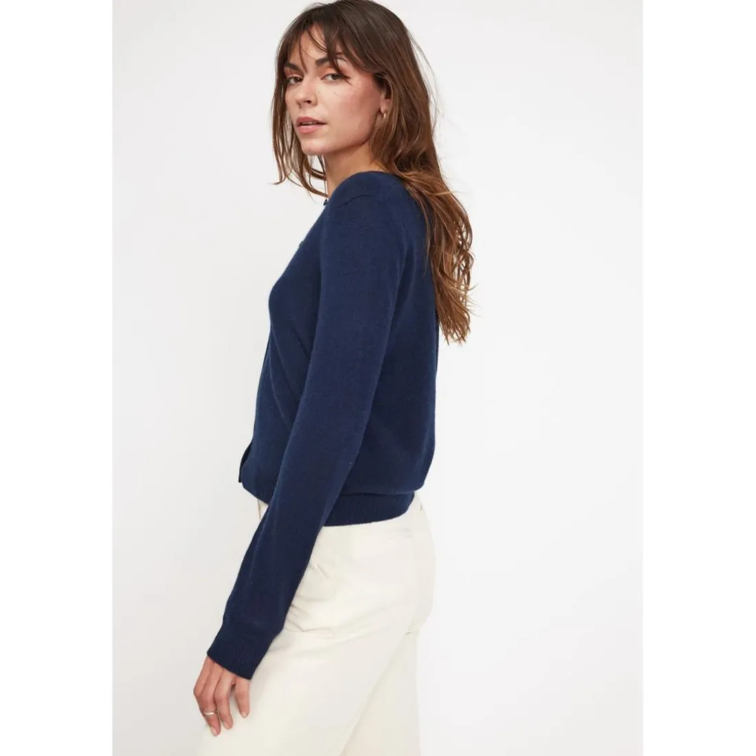 Cardigan col rond femme ZIKA en cachemire bleu marine