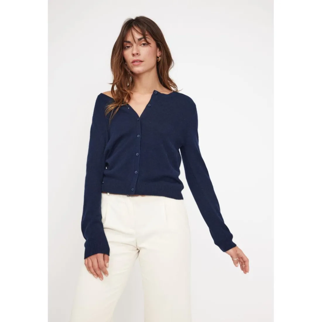 Cardigan col rond femme ZIKA en cachemire bleu marine