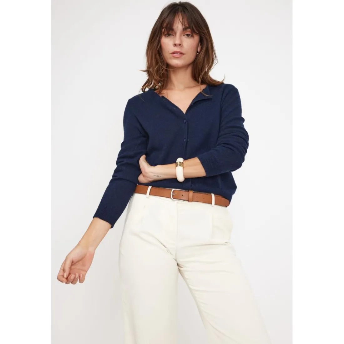 Cardigan col rond femme ZIKA en cachemire bleu marine