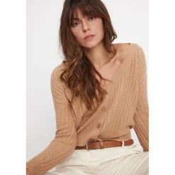 Cardigan col V torsade boxy femme ZIKARIA en cachemire beige