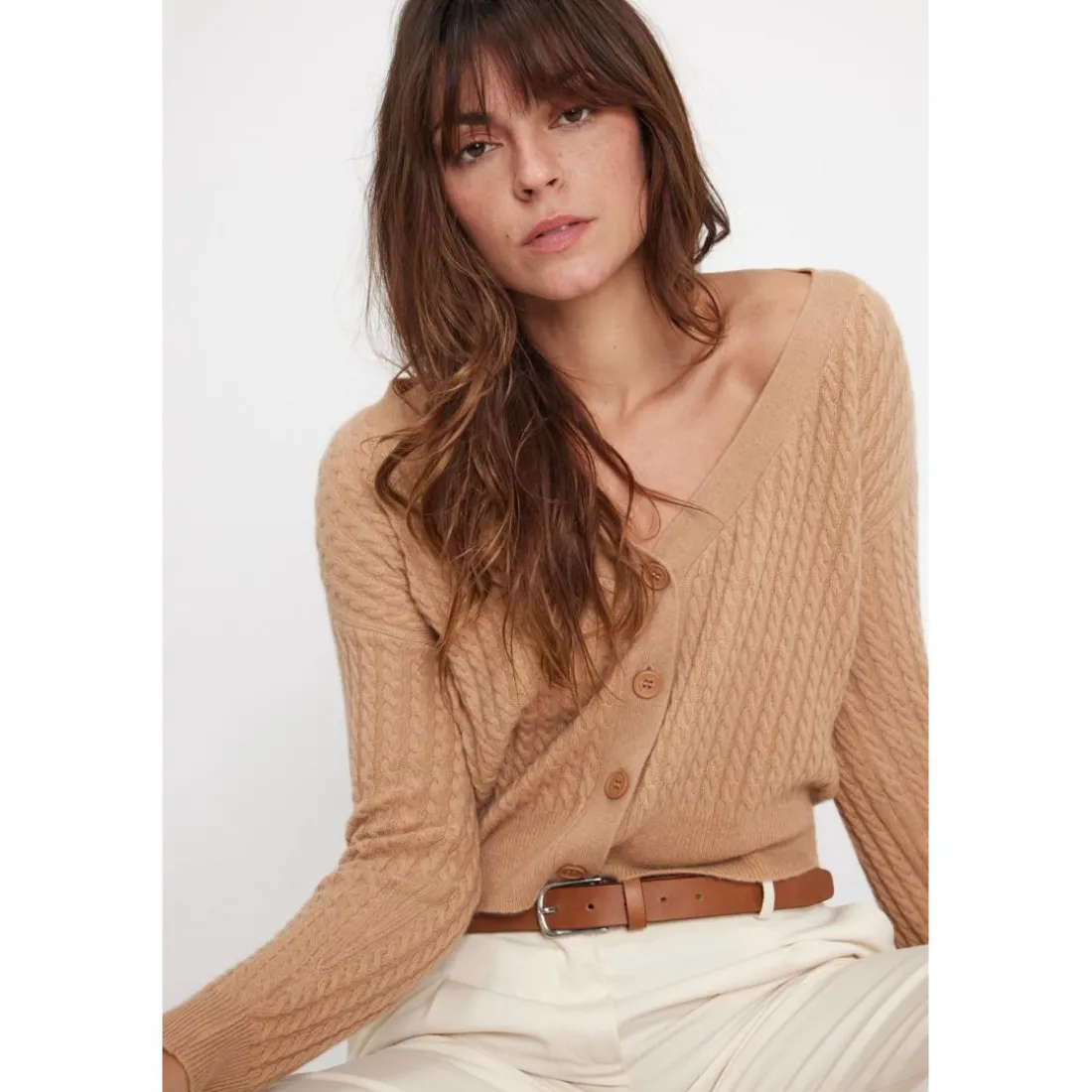 Cardigan col V torsade boxy femme ZIKARIA en cachemire beige