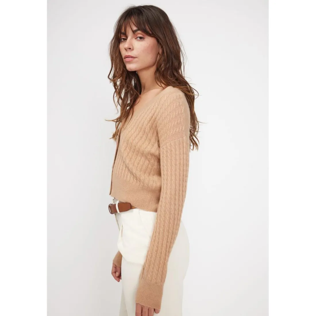 Cardigan col V torsade boxy femme ZIKARIA en cachemire beige