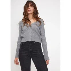 Cardigan col V torsade boxy femme ZIKARIA en cachemire gris fonce