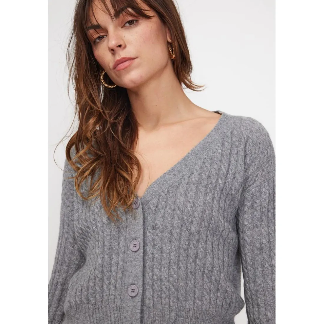 Cardigan col V torsade boxy femme ZIKARIA en cachemire gris fonce