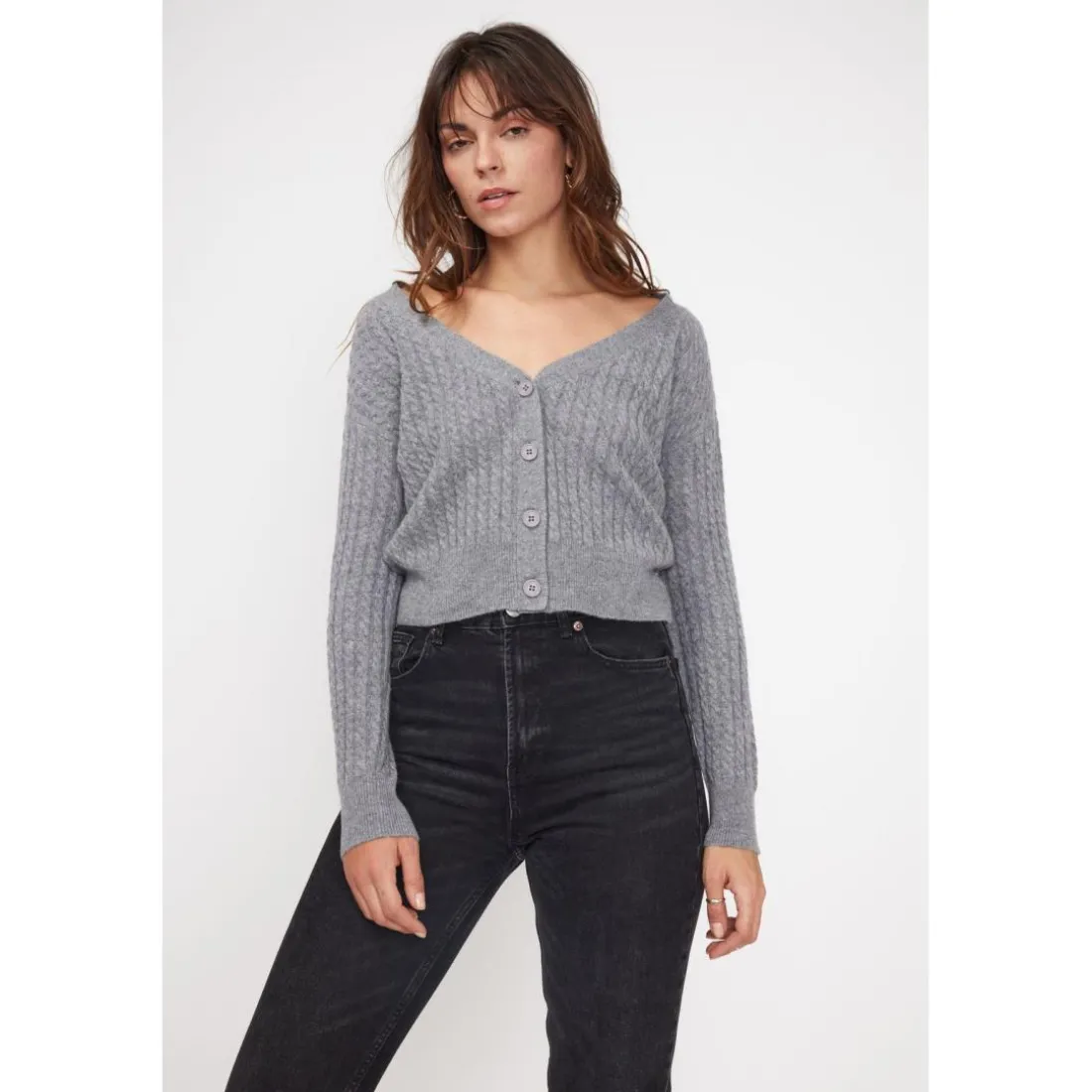 Cardigan col V torsade boxy femme ZIKARIA en cachemire gris fonce