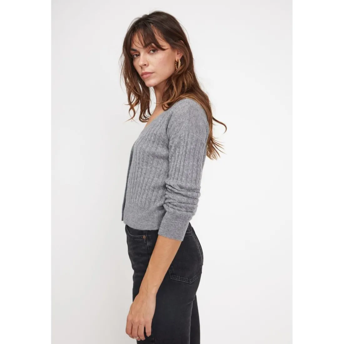 Cardigan col V torsade boxy femme ZIKARIA en cachemire gris fonce