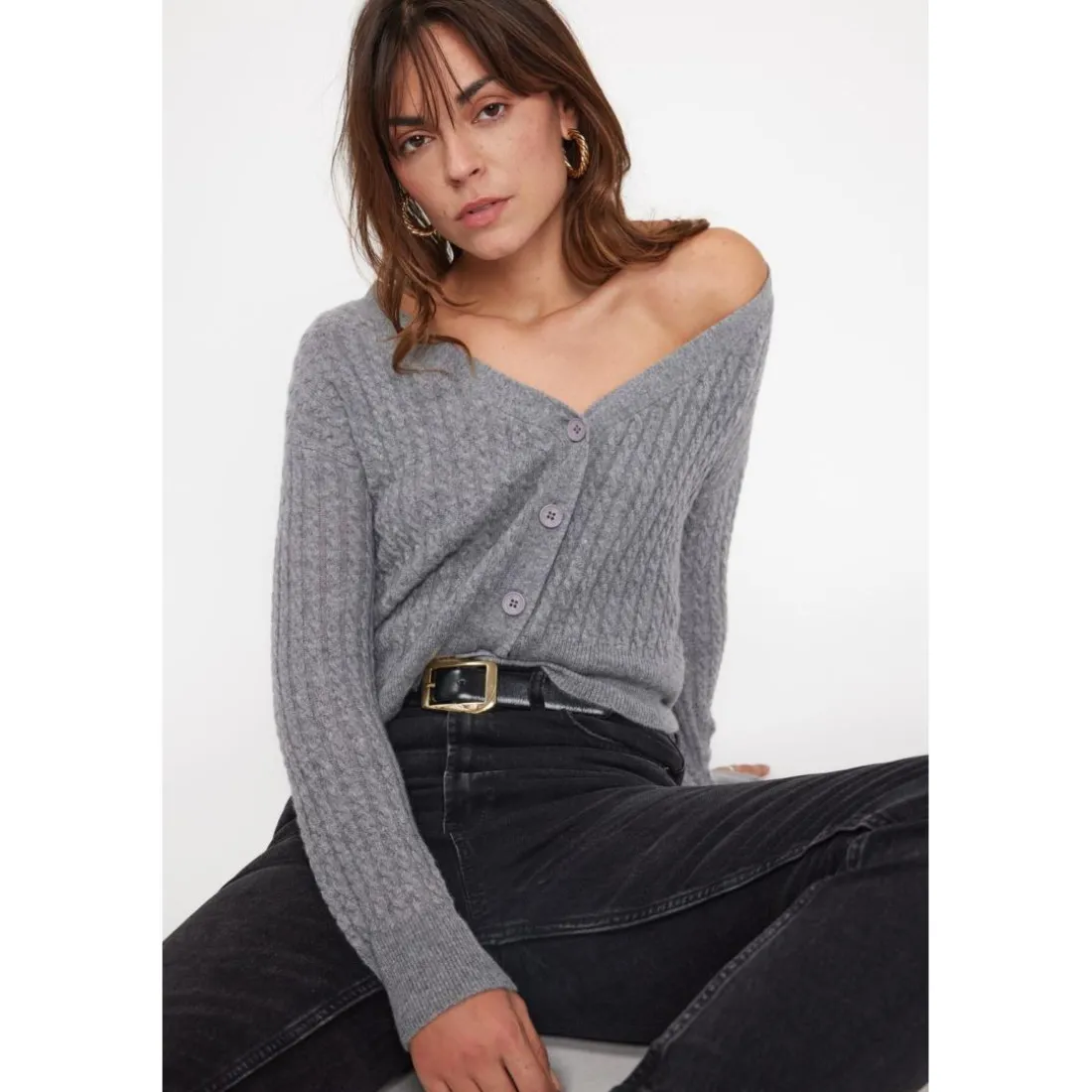 Cardigan col V torsade boxy femme ZIKARIA en cachemire gris fonce