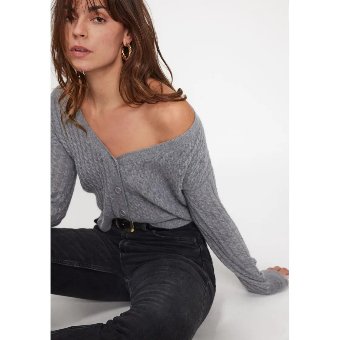 Cardigan col V torsade boxy femme ZIKARIA en cachemire gris fonce