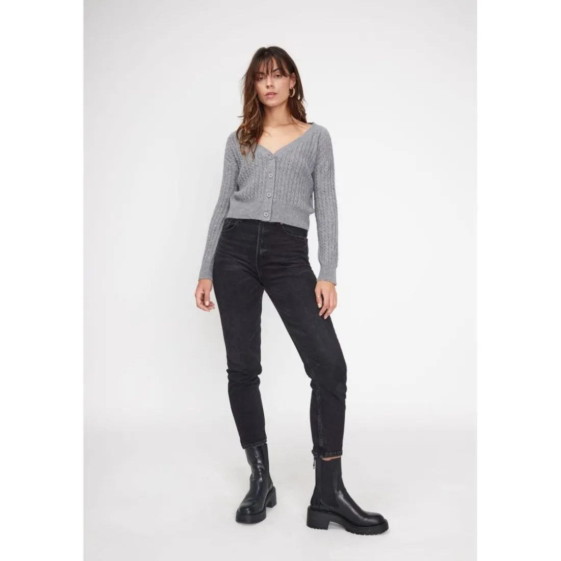 Cardigan col V torsade boxy femme ZIKARIA en cachemire gris fonce