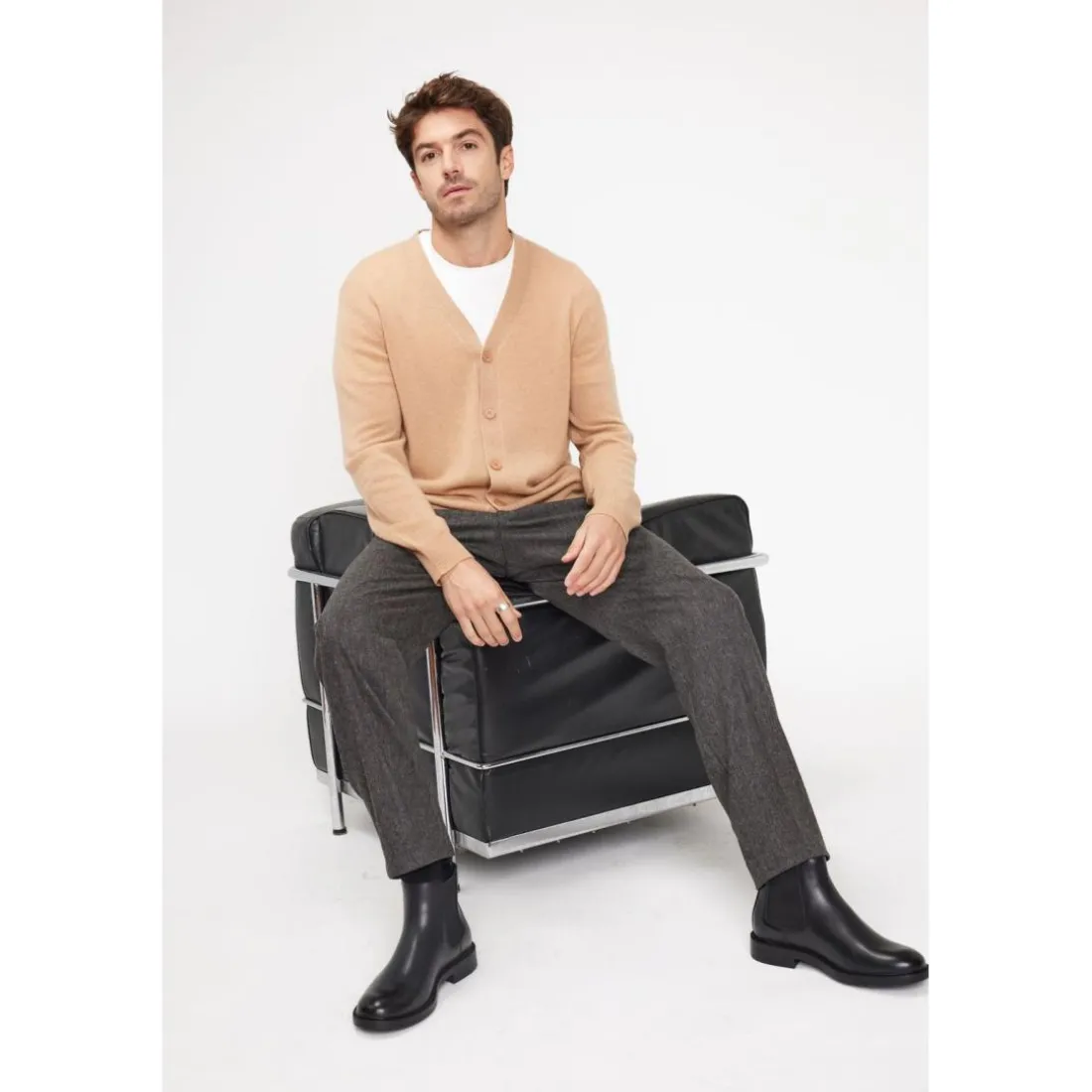 Cardigan homme col V ZAEL en cachemire beige