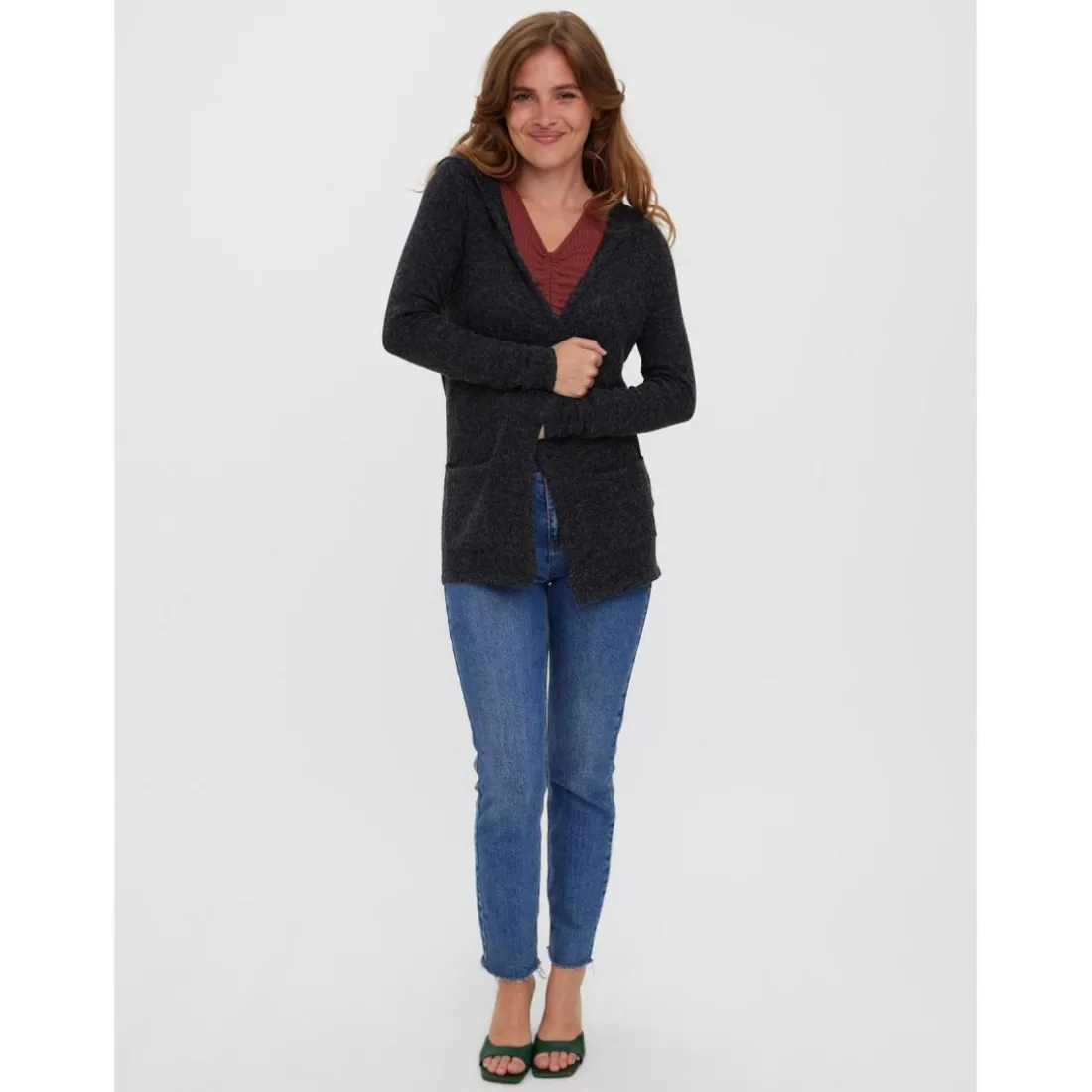 Cardigans en maille Sweat à capuche Manches longues Coupe longue noir