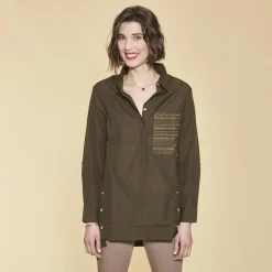 Chemise asymétrique fendue boutons latéraux manches longues femme - Kaki
