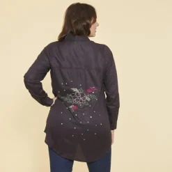 Chemise asymétrique manches longues broderie dos grandes tailles femme - Gris en viscose