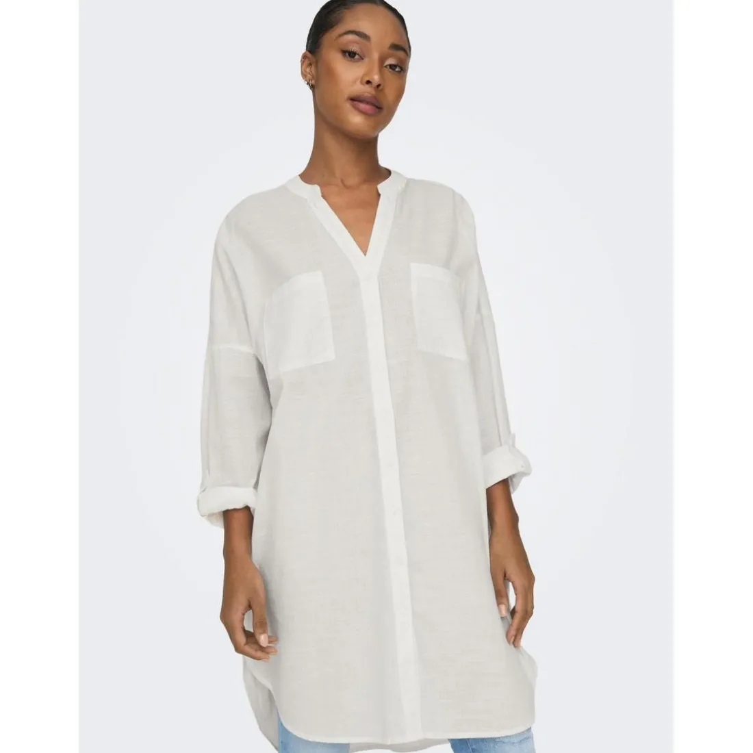 Chemise Col boutonné Manches longues Coupe plus longue blanc en coton