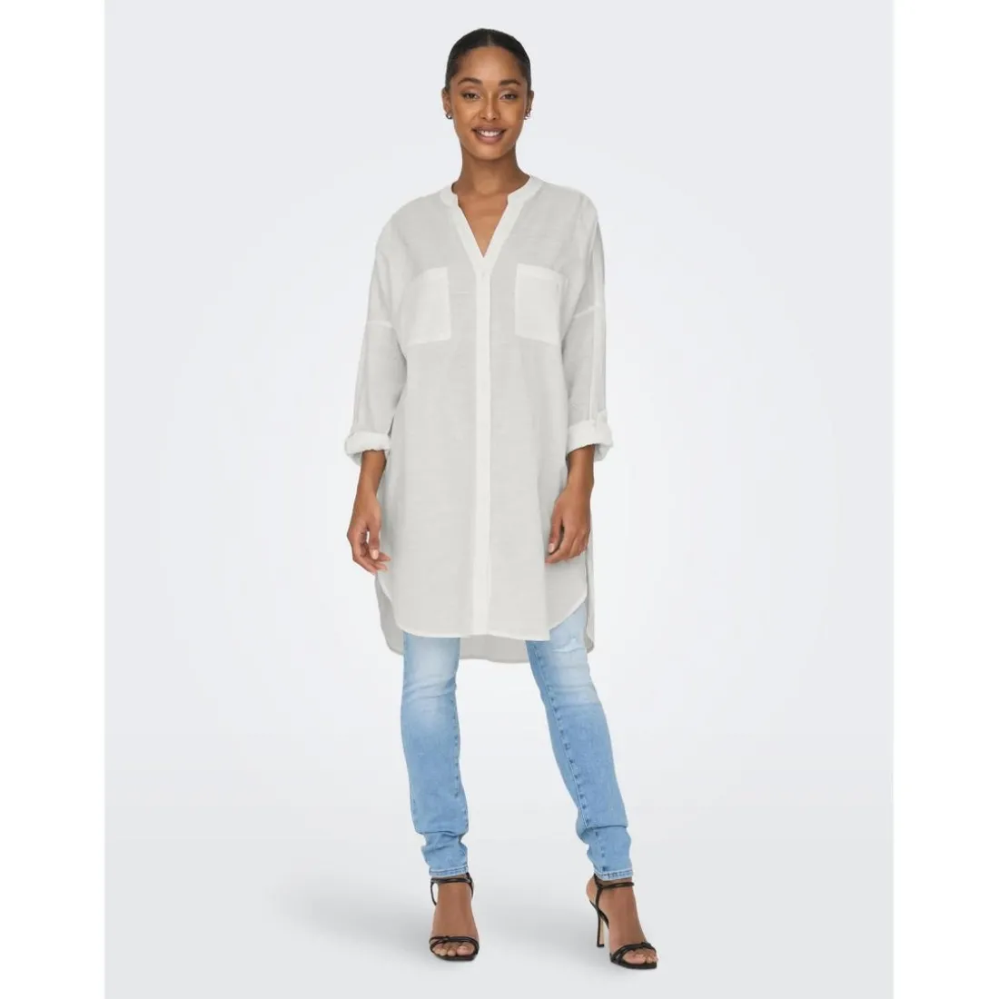 Chemise Col boutonné Manches longues Coupe plus longue blanc en coton