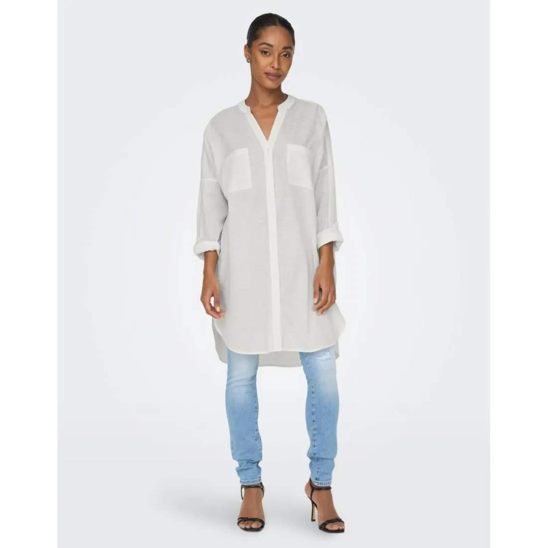 Chemise Col boutonné Manches longues Coupe plus longue blanc en coton