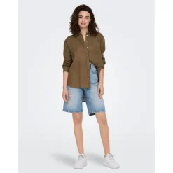 Chemise Col chemise Manches longues marron en lin
