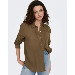 Chemise Col chemise Manches longues marron en lin