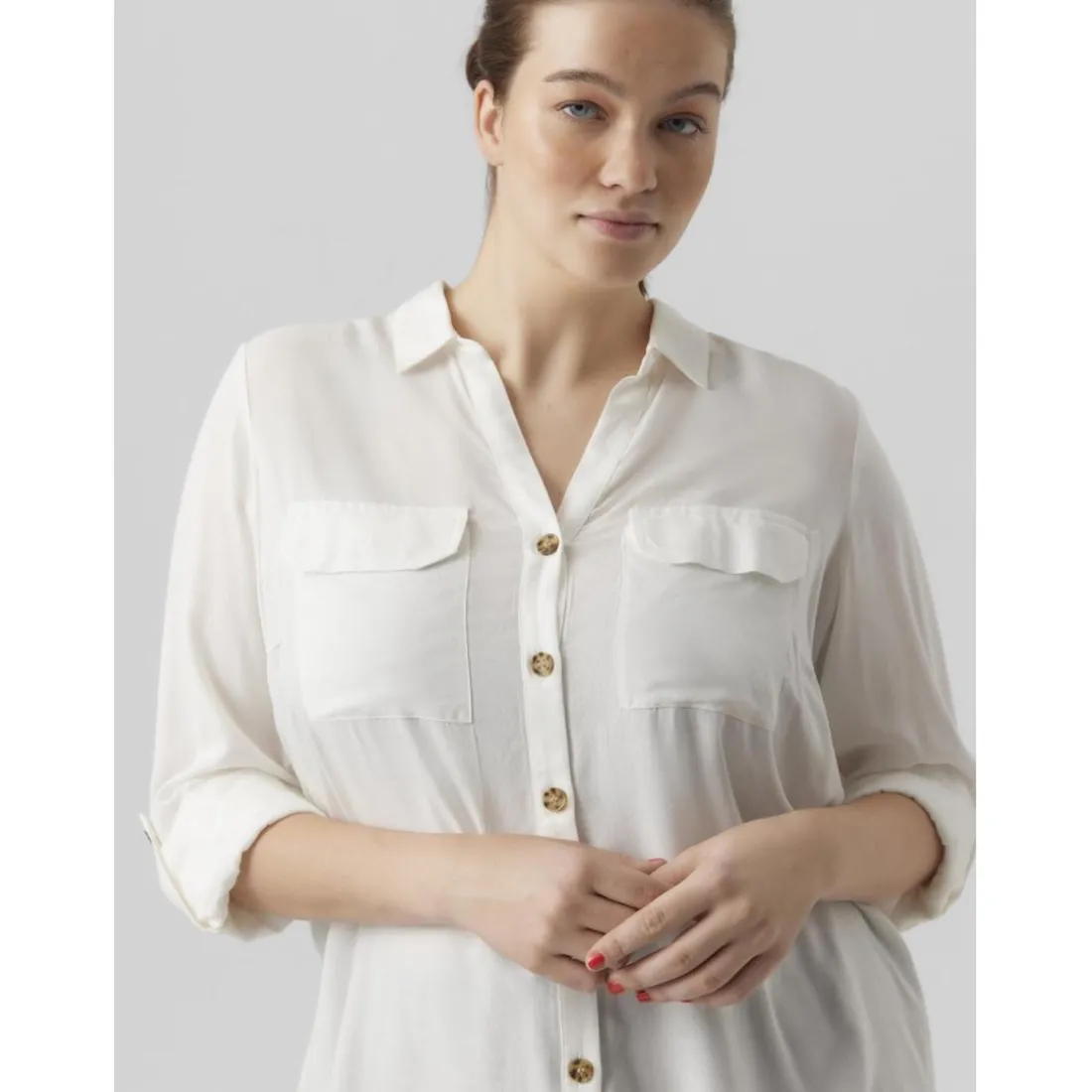Chemise col chemise manches avec revers manches longues blanc en viscose Xena