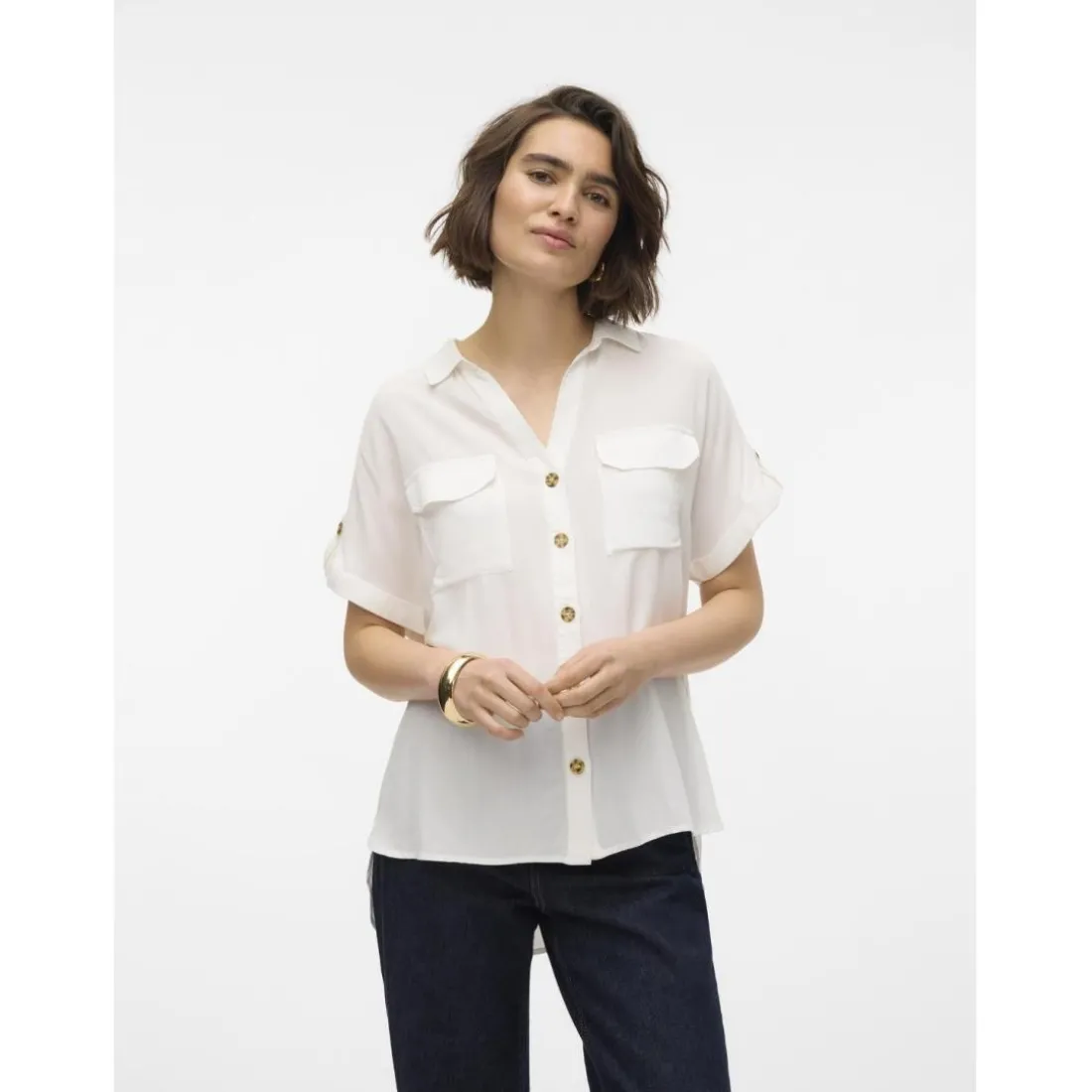 Chemise col chemise manches avec revers manches courtes blanc en viscose Emma