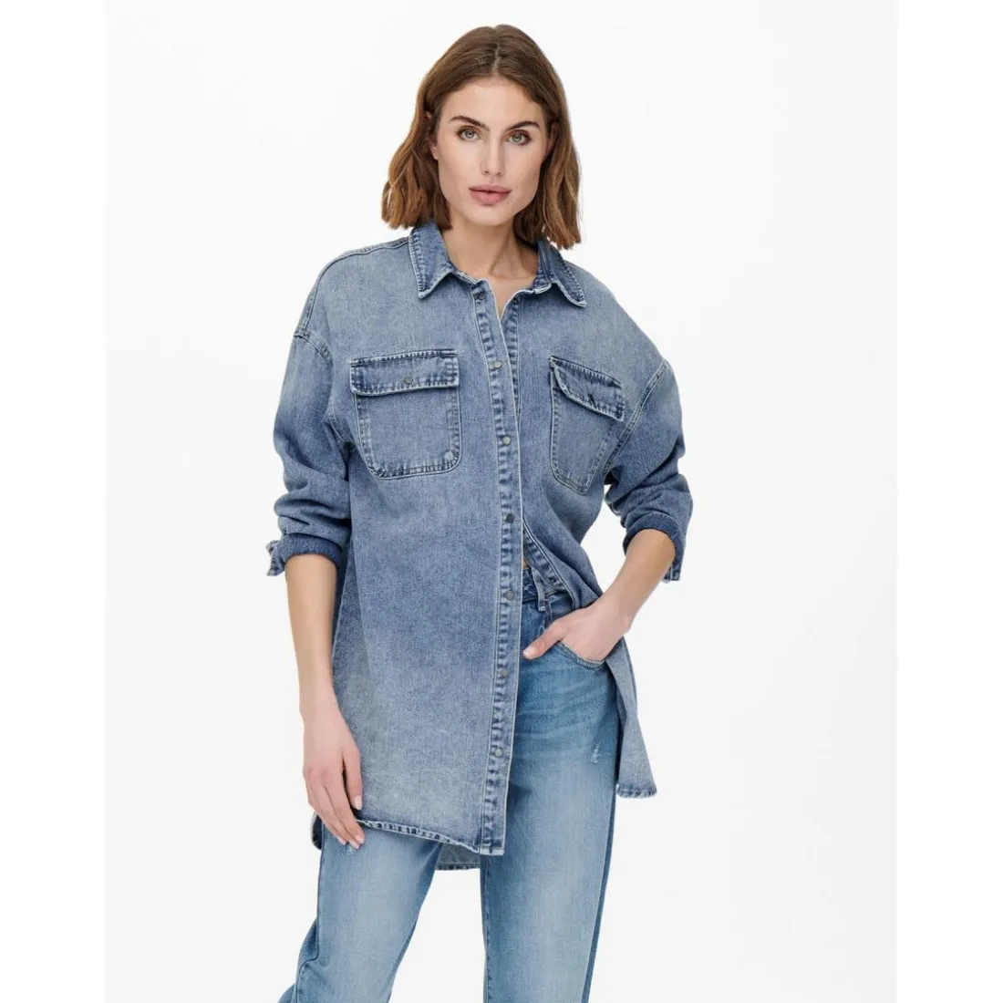 Chemise en denim Col chemise Manches longues bleu