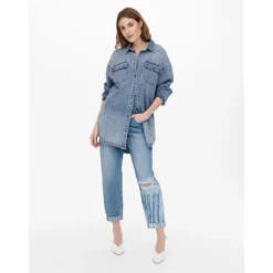 Chemise en denim Col chemise Manches longues bleu