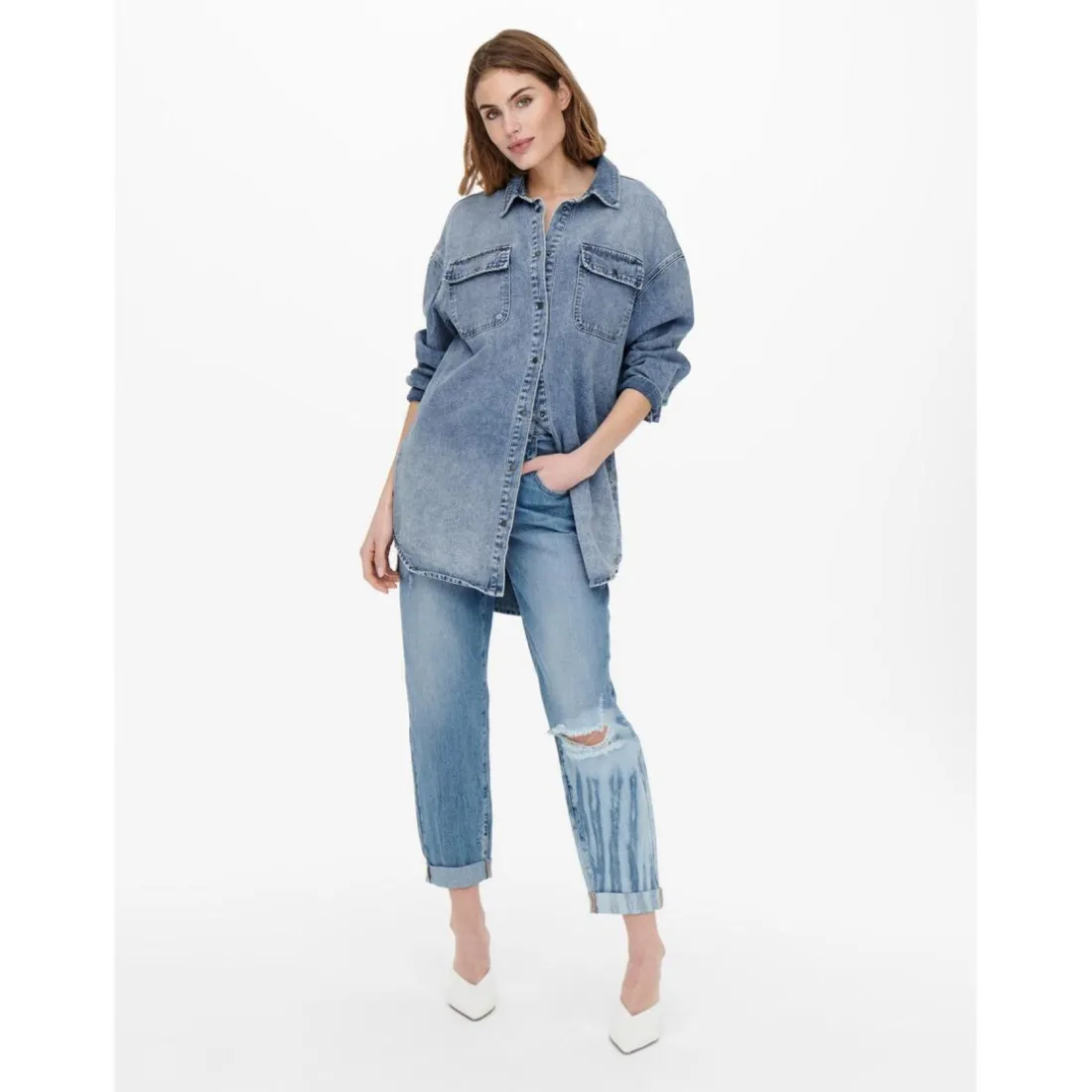 Chemise en denim Col chemise Manches longues bleu