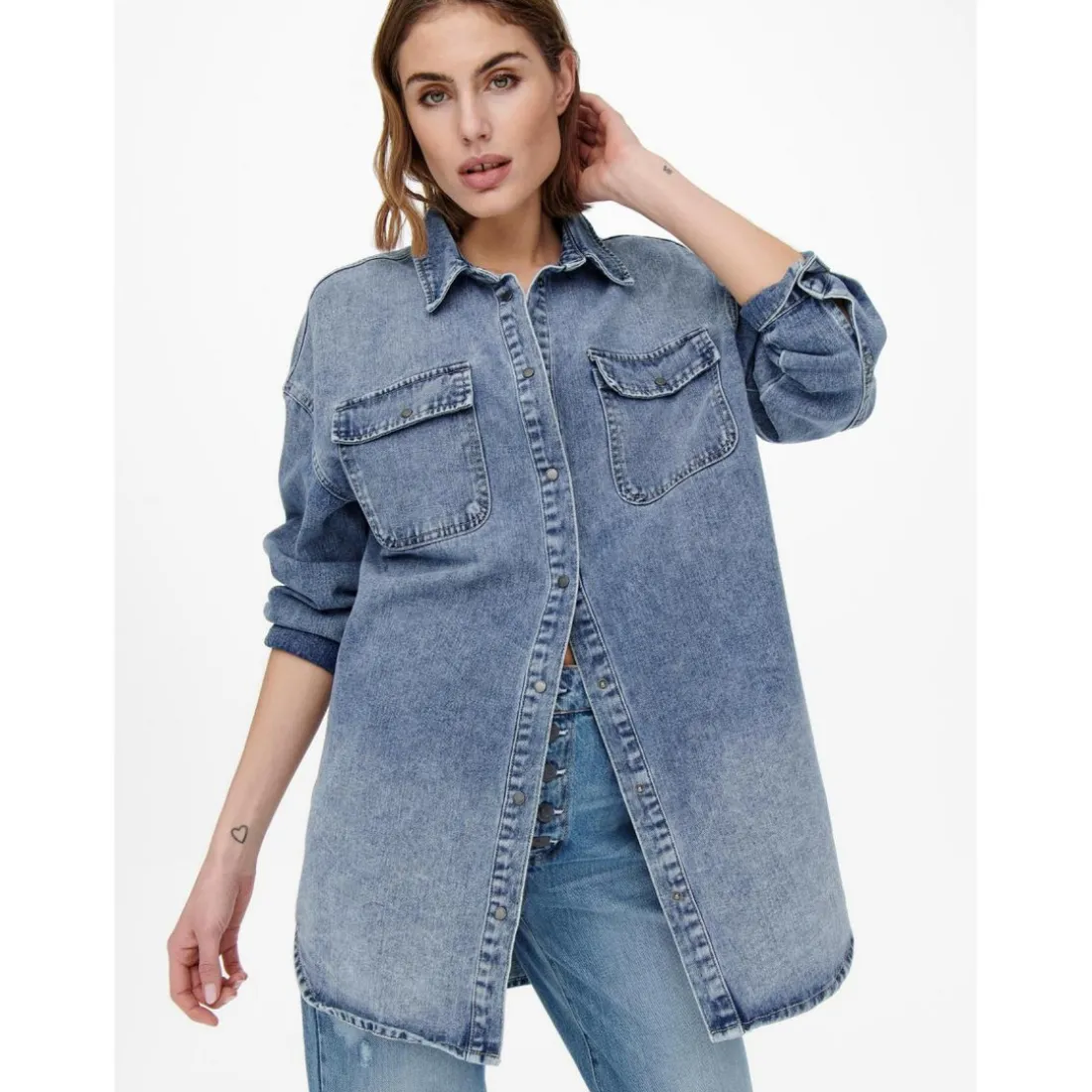 Chemise en denim Col chemise Manches longues bleu
