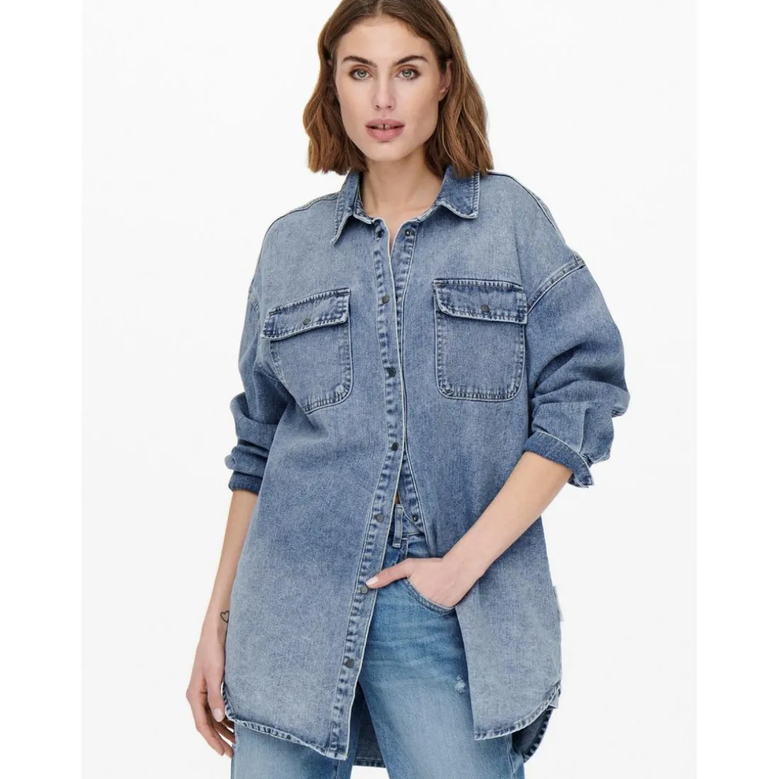 Chemise en denim Col chemise Manches longues bleu