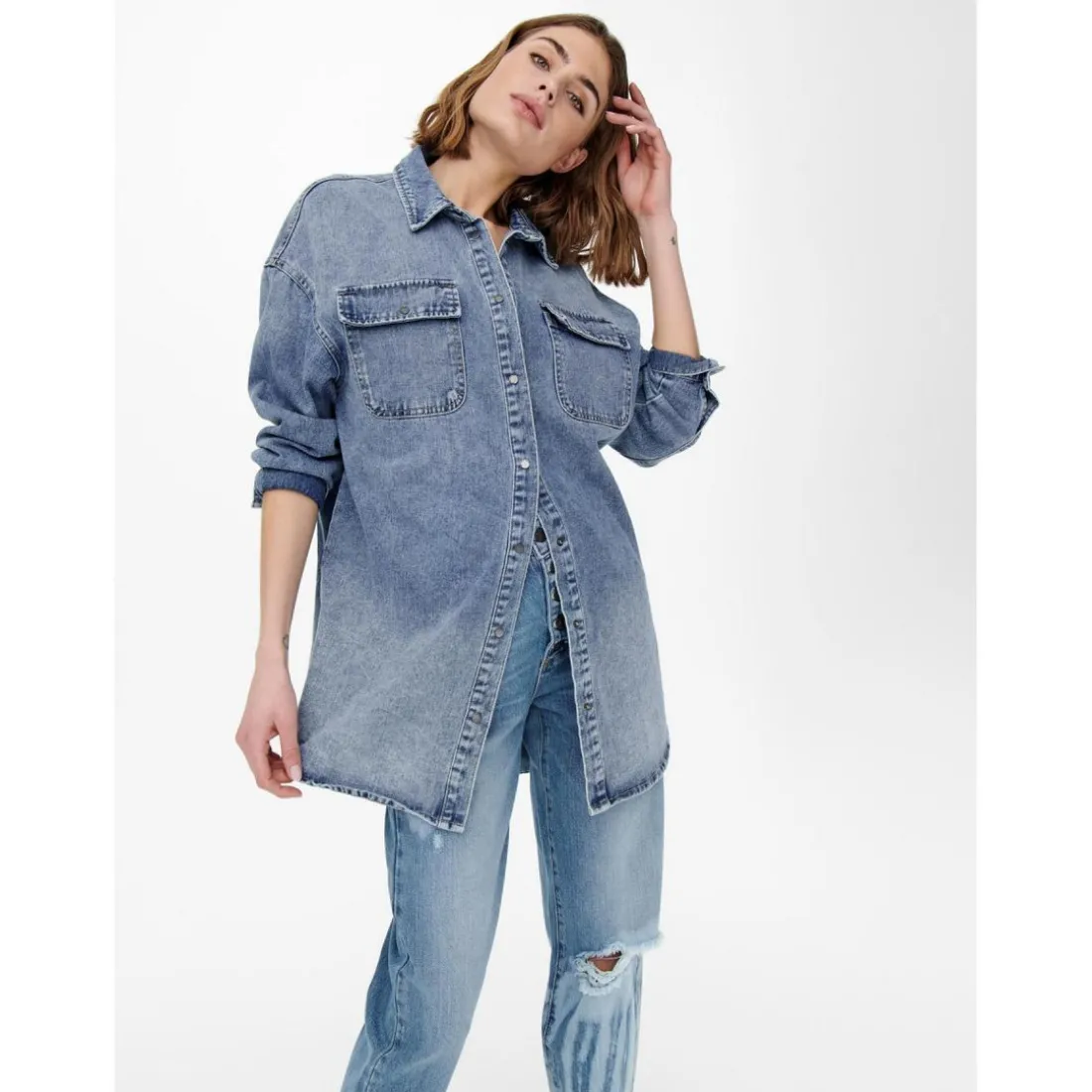 Chemise en denim Col chemise Manches longues bleu