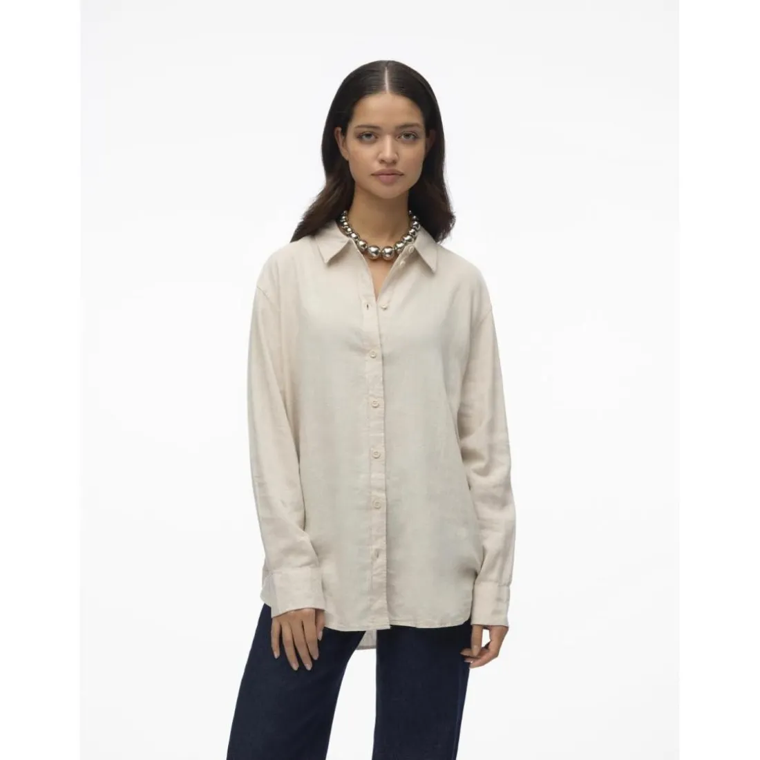 Chemise fermeture par bouton poignets boutonnés col chemise manches larges manches longues gris en lin Maia