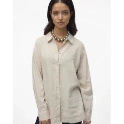 Chemise fermeture par bouton poignets boutonnés col chemise manches larges manches longues gris en lin Maia