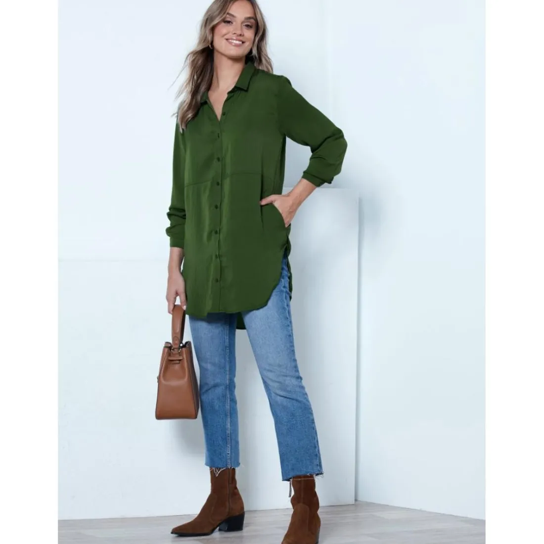 Chemise longue avec poches latérales - Kaki