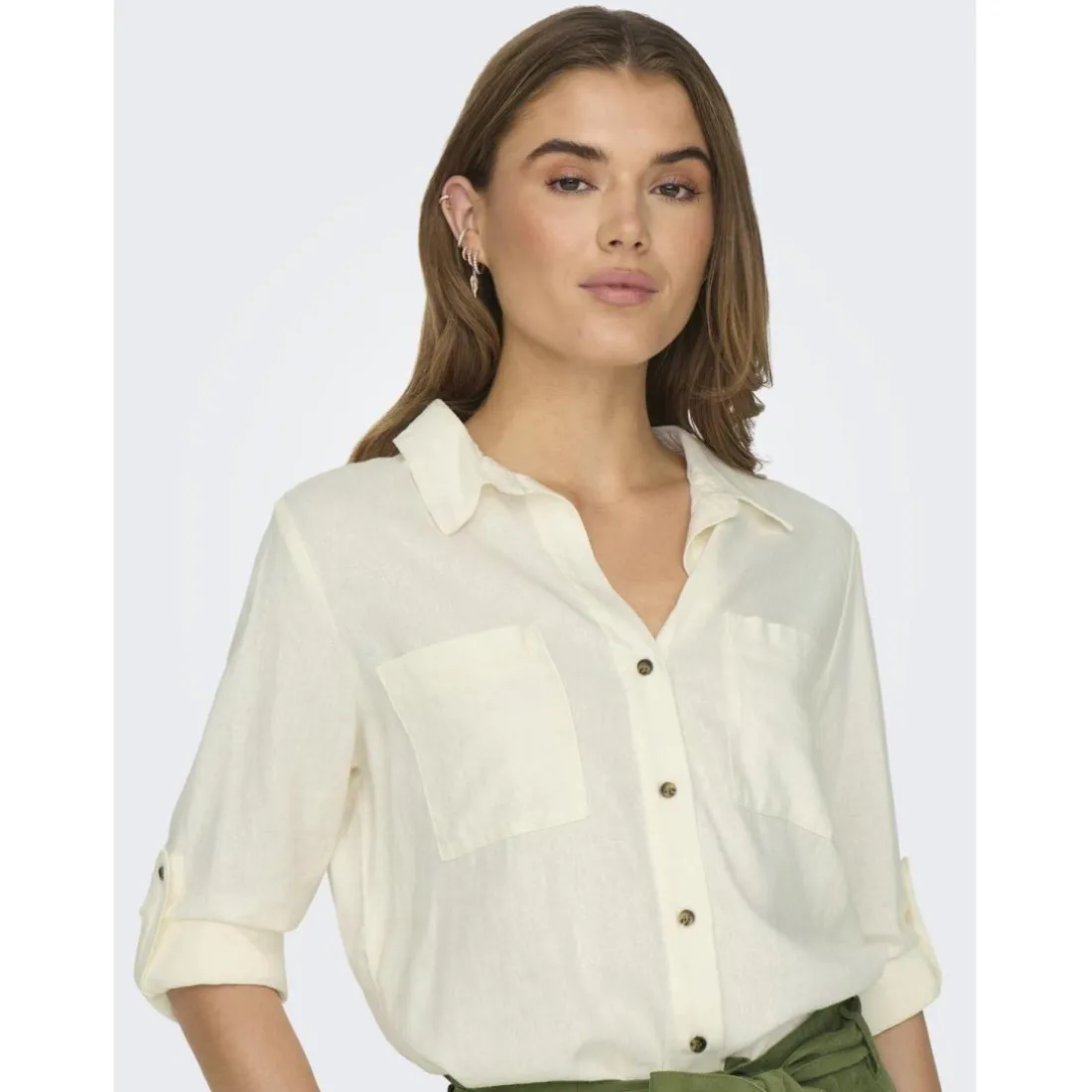 Chemise loose fit col boutonné manches avec revers manches longues blanc en lin Juno