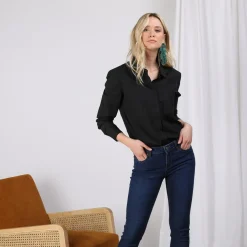 Chemise manches longues bas arrondi femme - Noir