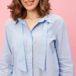 Chemise manches longues rubans effet cravate femme - Bleu en coton