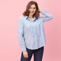 Chemise manches longues rubans effet cravate femme - Bleu en coton