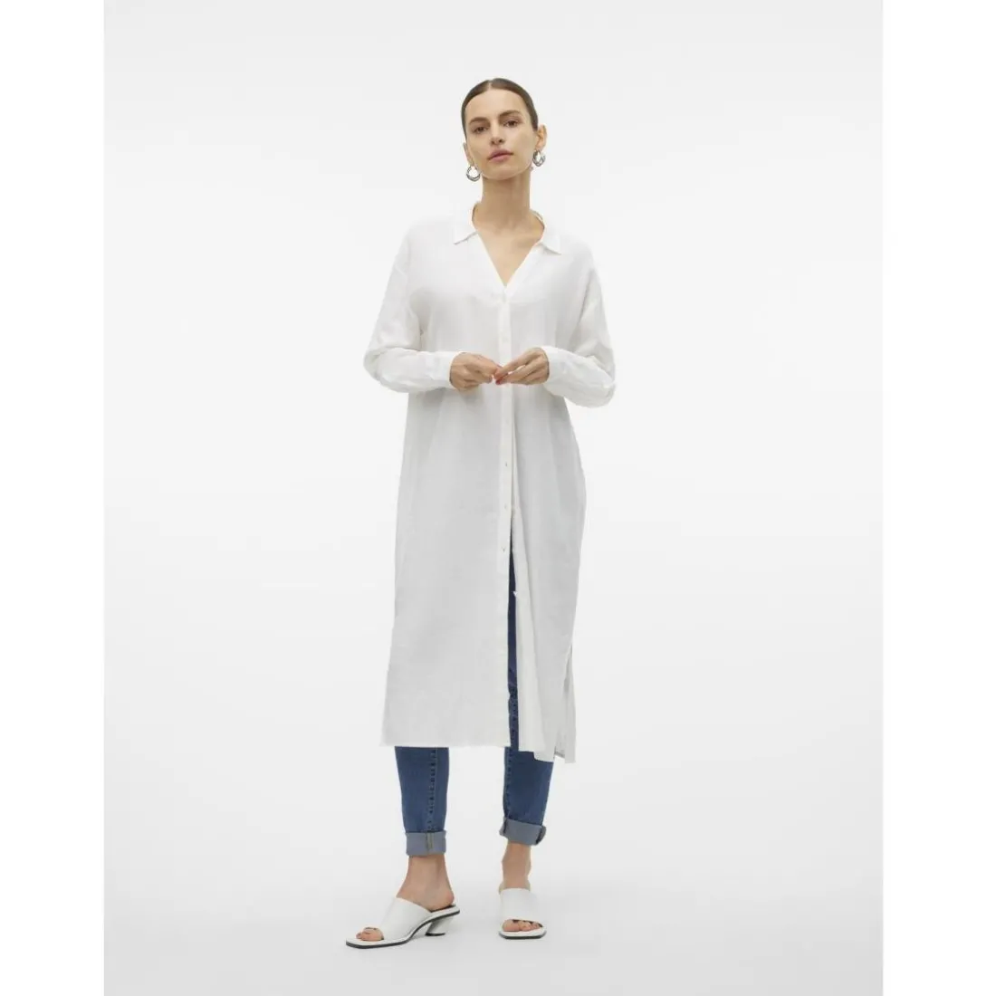 Chemise poignets boutonnés col chemise manches avec revers manches longues blanc en lin Dee