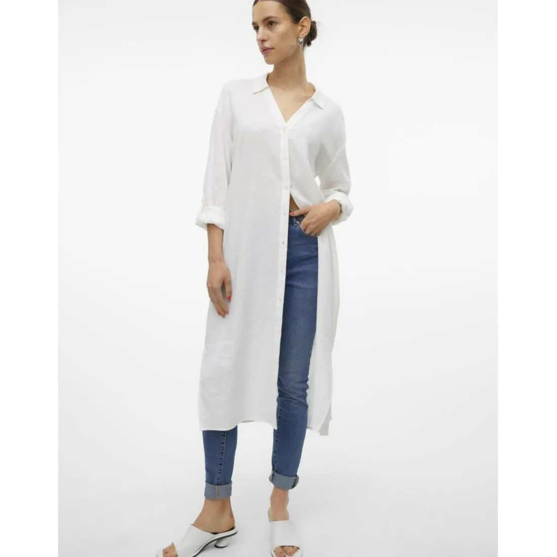 Chemise poignets boutonnés col chemise manches avec revers manches longues blanc en lin Dee