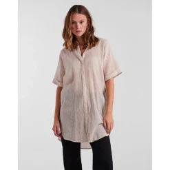 Chemise rayée épaules tombantes manches 2/4 marron en coton
