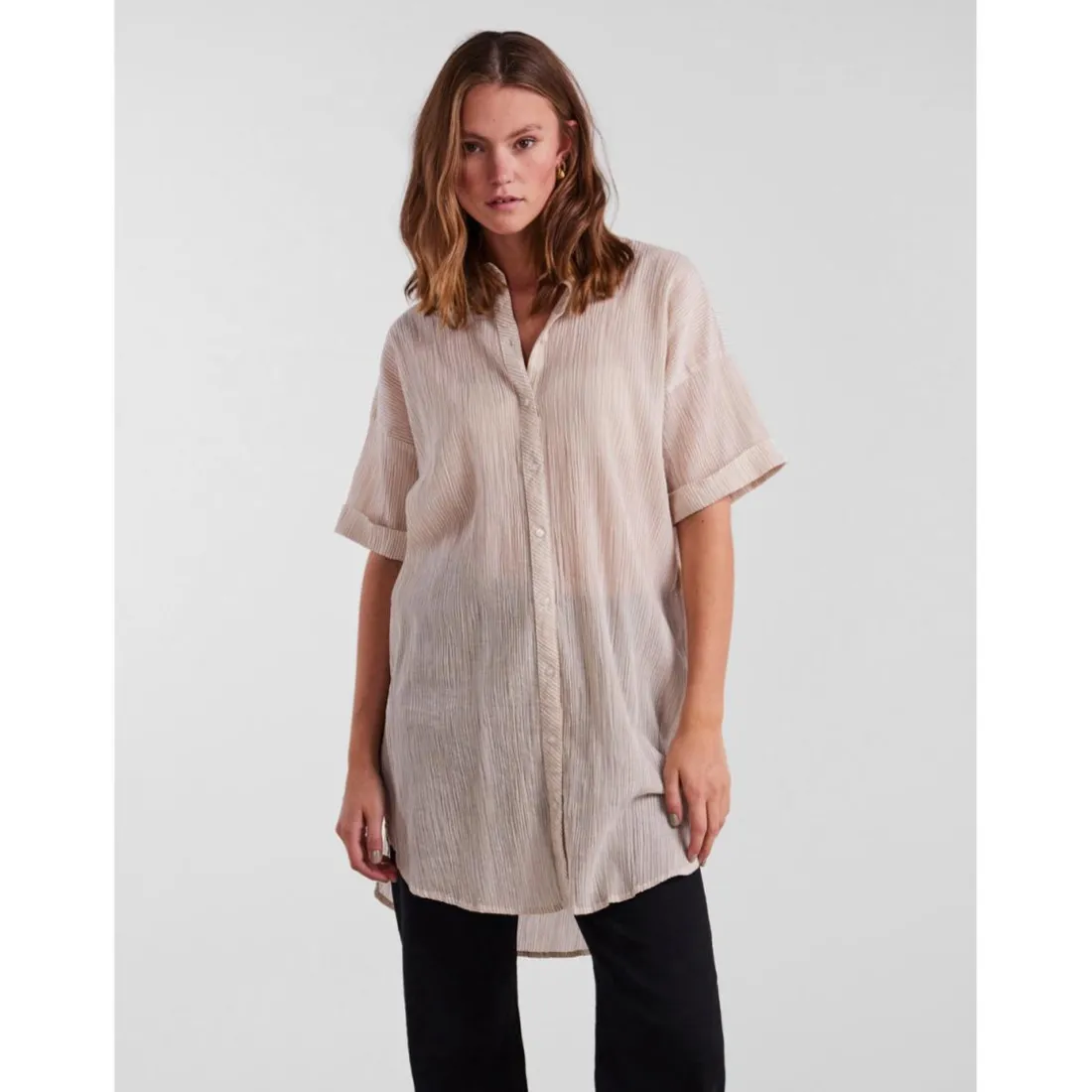 Chemise rayée épaules tombantes manches 2/4 marron en coton