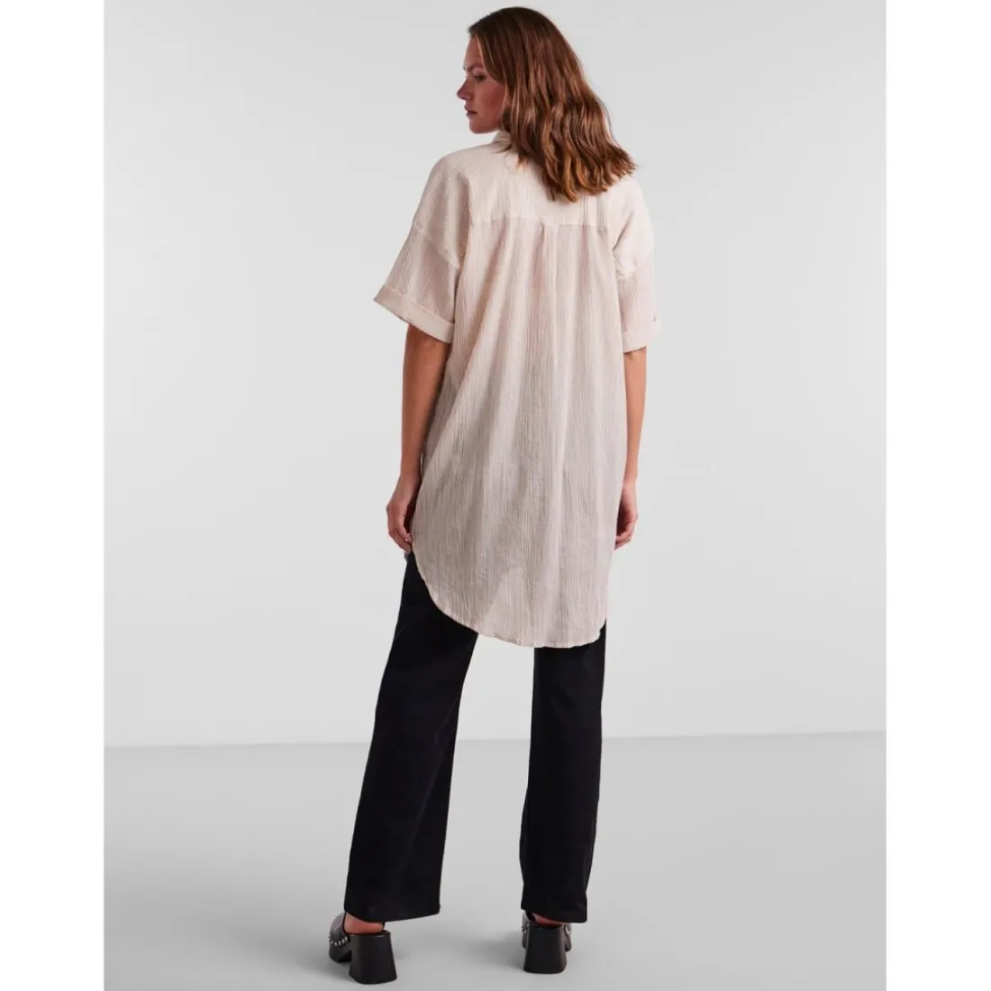 Chemise rayée épaules tombantes manches 2/4 marron en coton