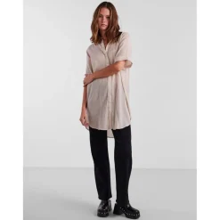 Chemise rayée épaules tombantes manches 2/4 marron en coton