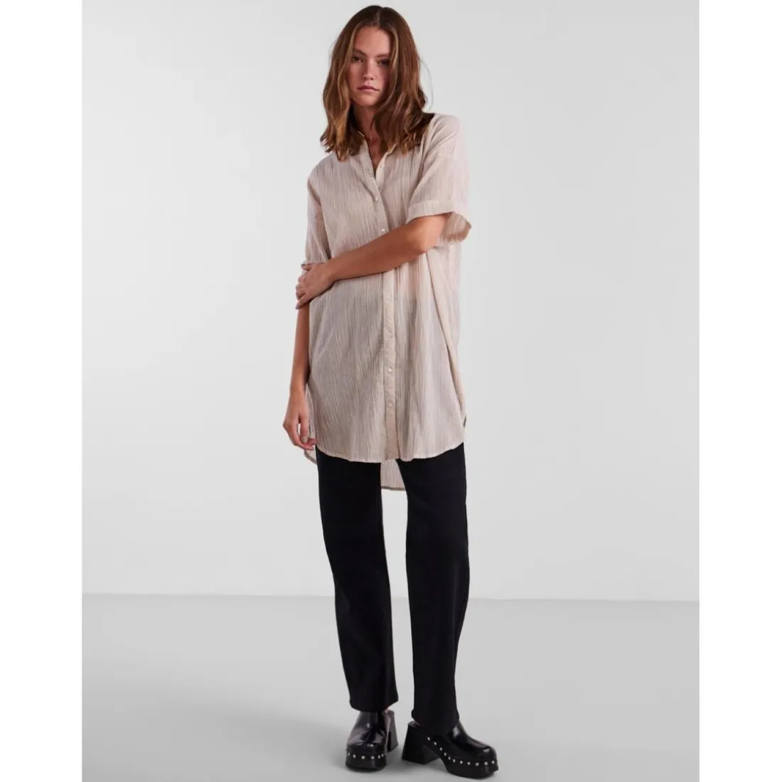 Chemise rayée épaules tombantes manches 2/4 marron en coton