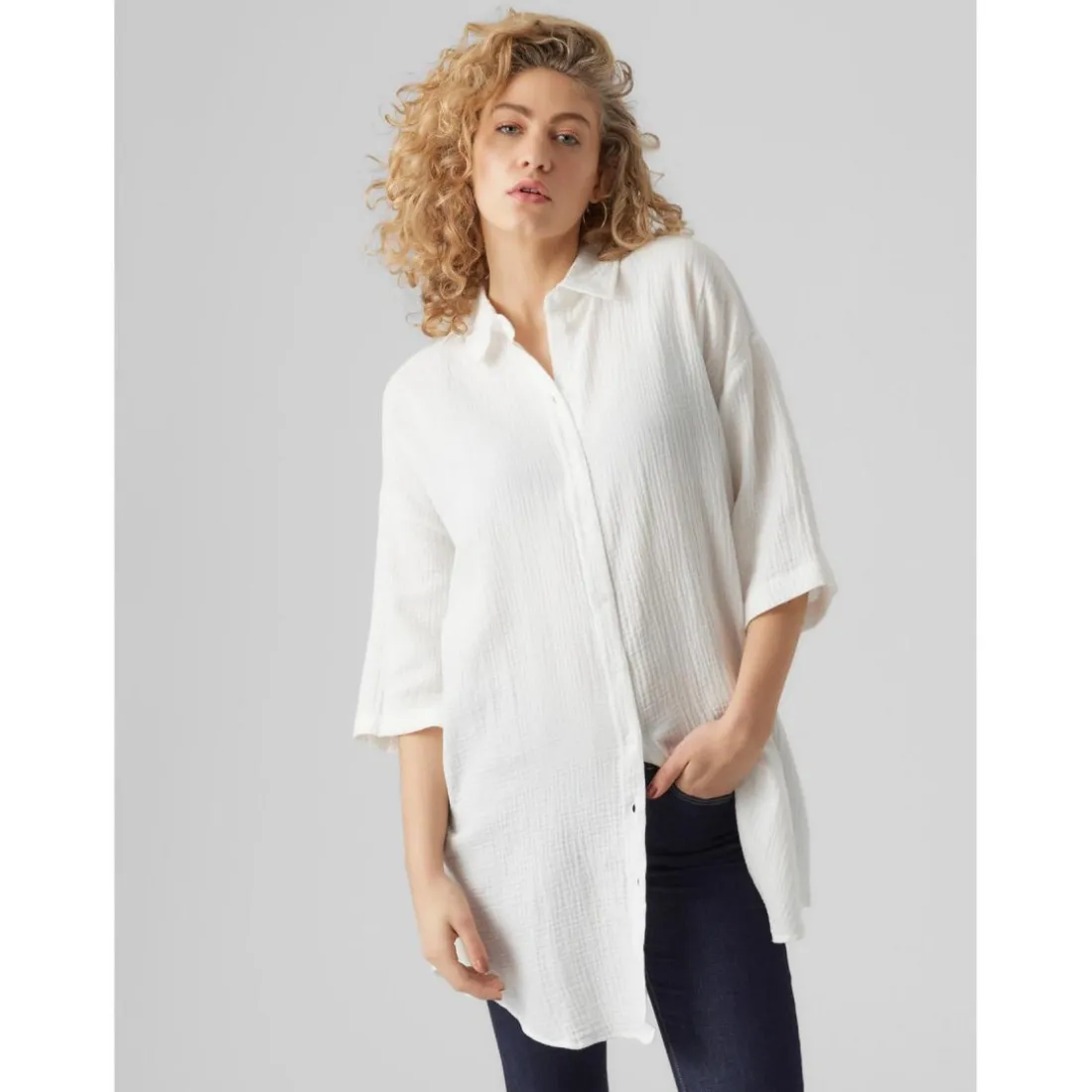 Chemise Regular Fit Col chemise Manches 2/4 Extra long blanc en coton