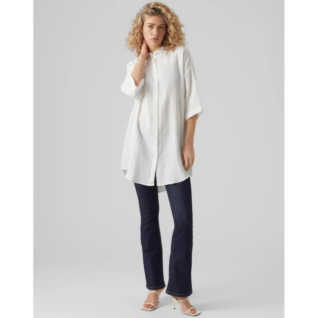 Chemise Regular Fit Col chemise Manches 2/4 Extra long blanc en coton
