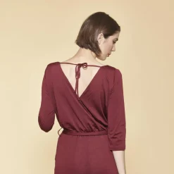Combinaison manches 3/4 taille élastique dos en V femme - Rouge Grenat
