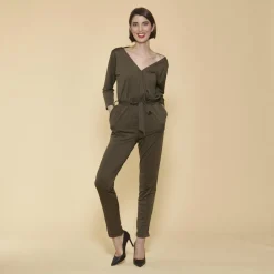 Combinaison manches 3/4 taille élastique dos en V femme - kaki foncé