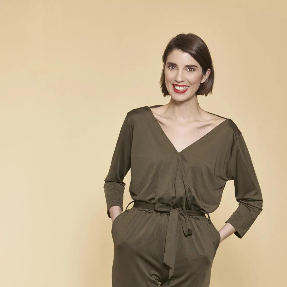 Combinaison manches 3/4 taille élastique dos en V femme - kaki foncé