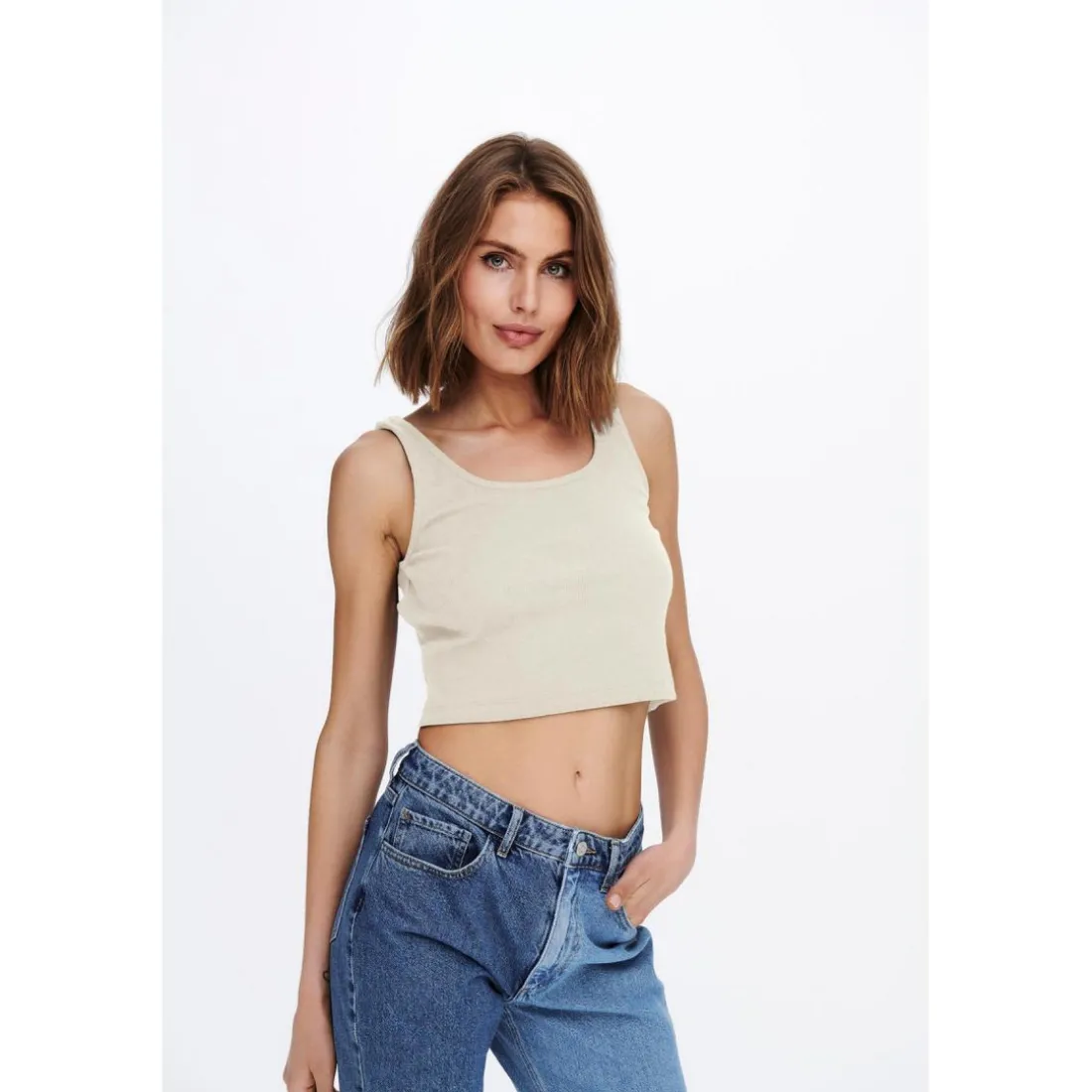 Débardeur Col rond Sans manches Court blanc beige en coton